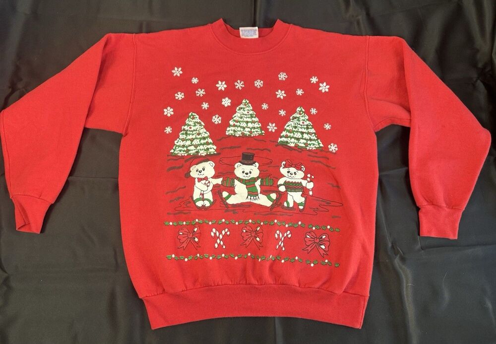 Vintage Grandma Ugly Christmas Sweatshirt Bears Skating Snowing Christmas Trees